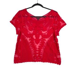 Express RED Lace Embroidered Floral Flowery with Leaves Women's Sheer Top S